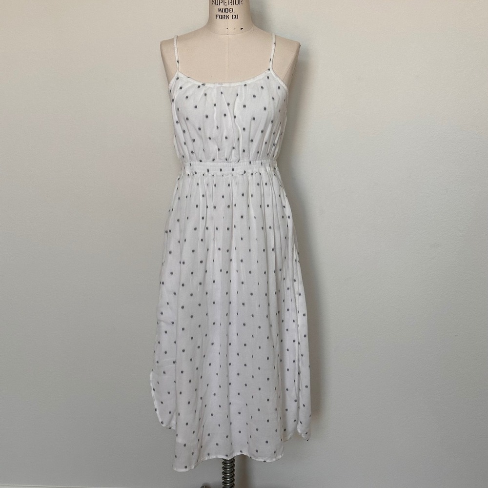 Loft White Navy Blue Polka Dot Midi Dress Elastic Waist Sz Small Cotton Blend
